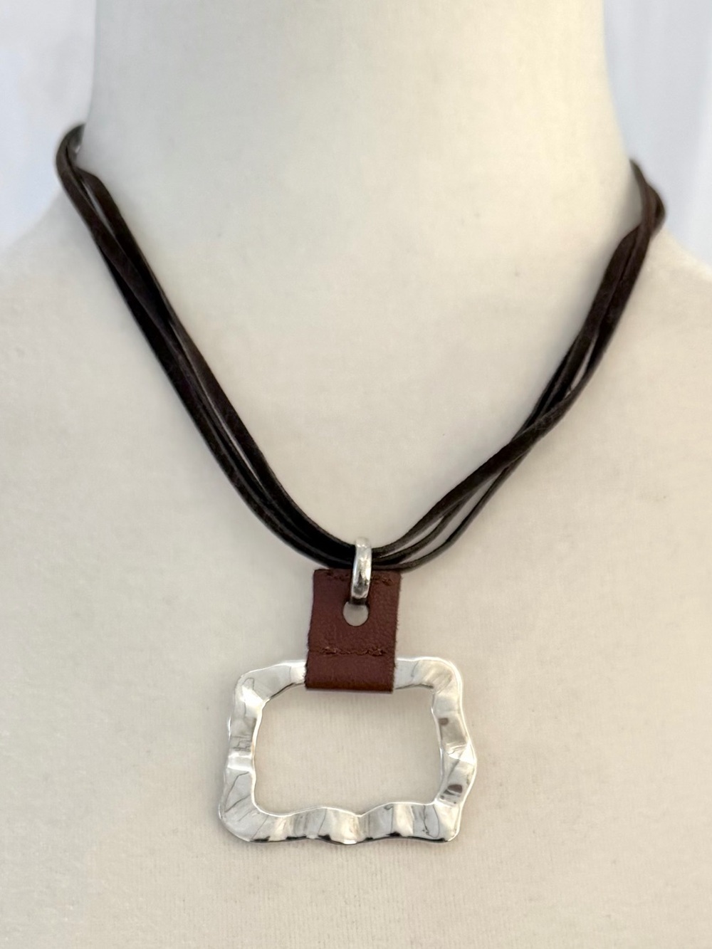 Hammered Sterling Silver Open-Rectangle Three-Strand Brown Suede Cord Necklace